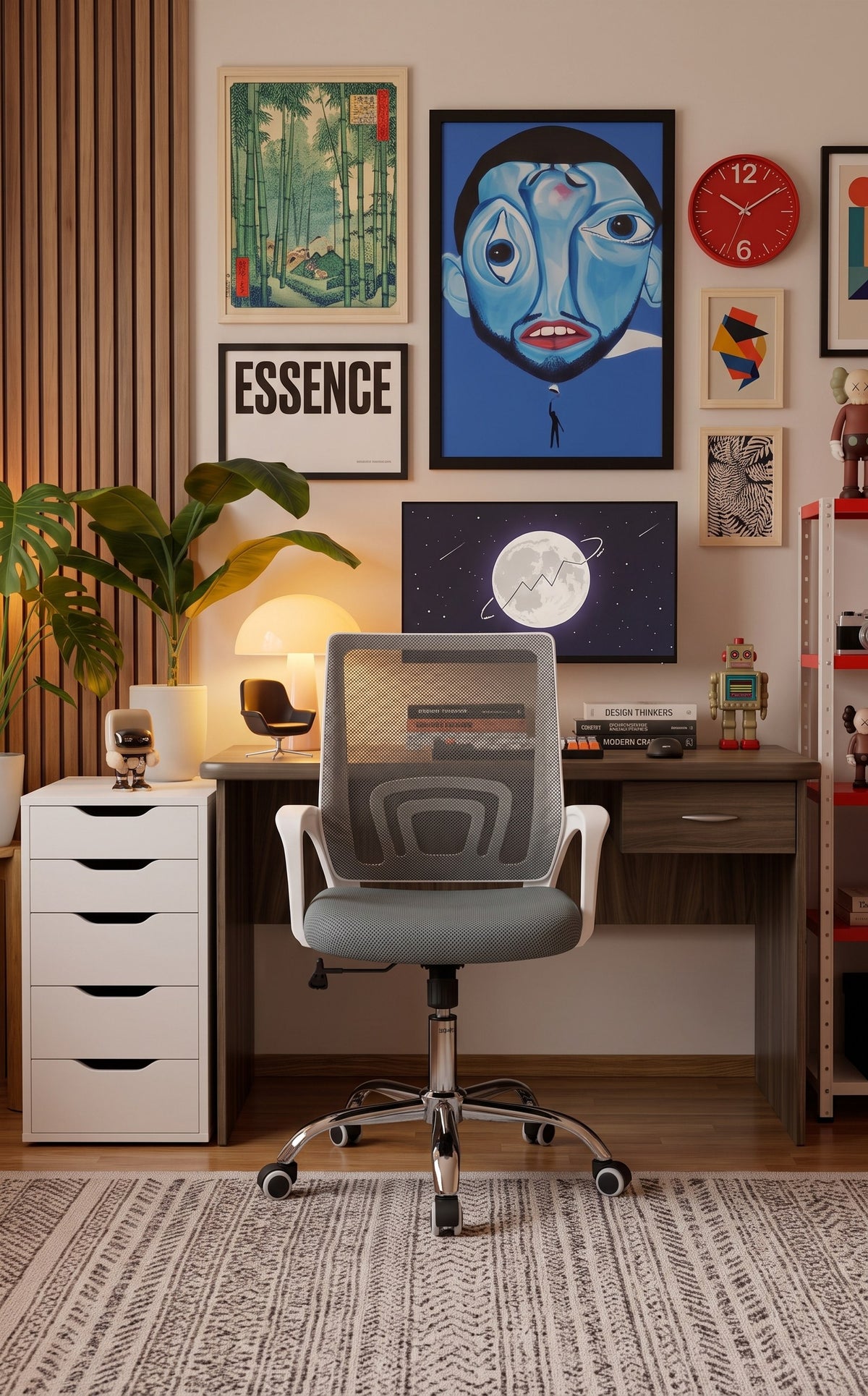 Silla Ejecutiva Mesh Gris frente a un escritorio de home office, con pared de cuadros y lámpara encendida