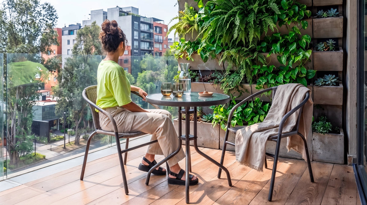 Balcón con muro verde: Set Jardín Bélgica completo con mujer sentada mirando la ciudad