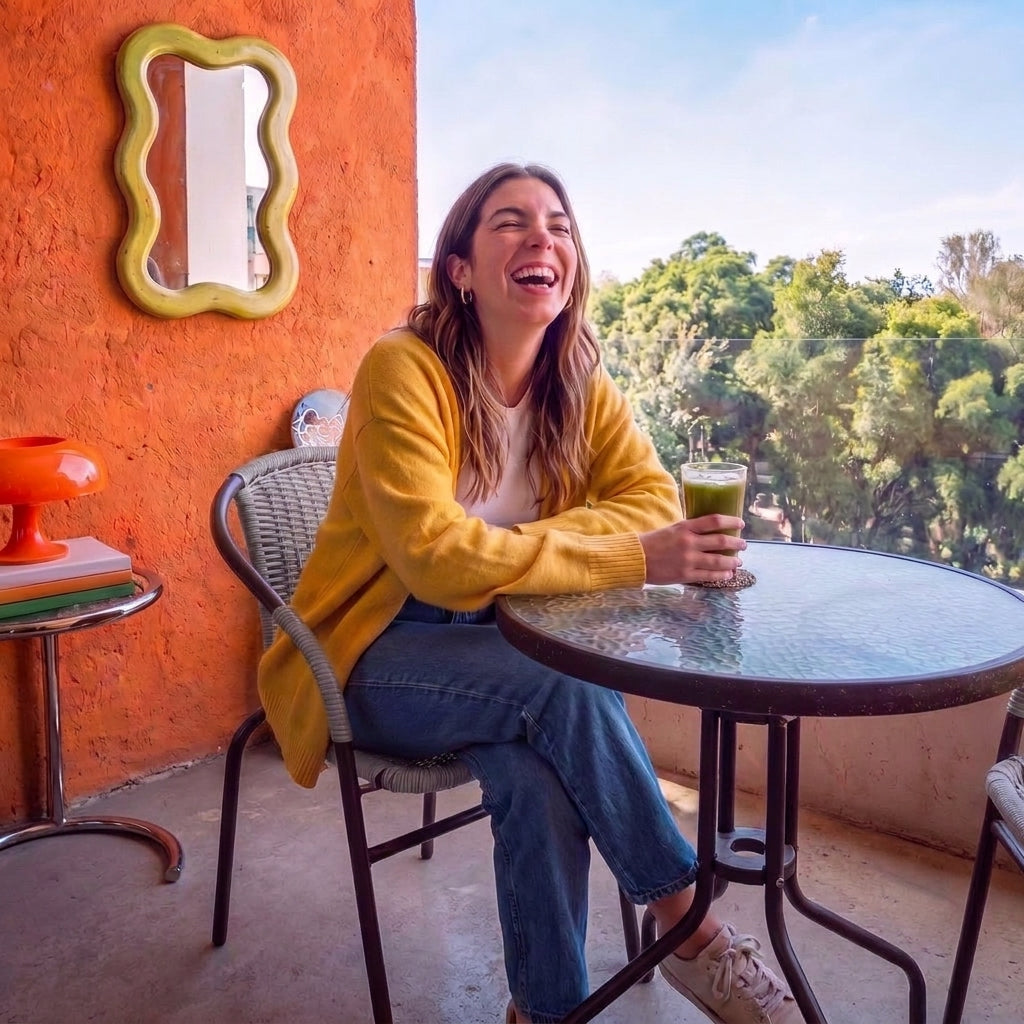 Mujer ríe sentada a la mesa del Set de Jardín Bélgica en un balcón de la Ciudad de México