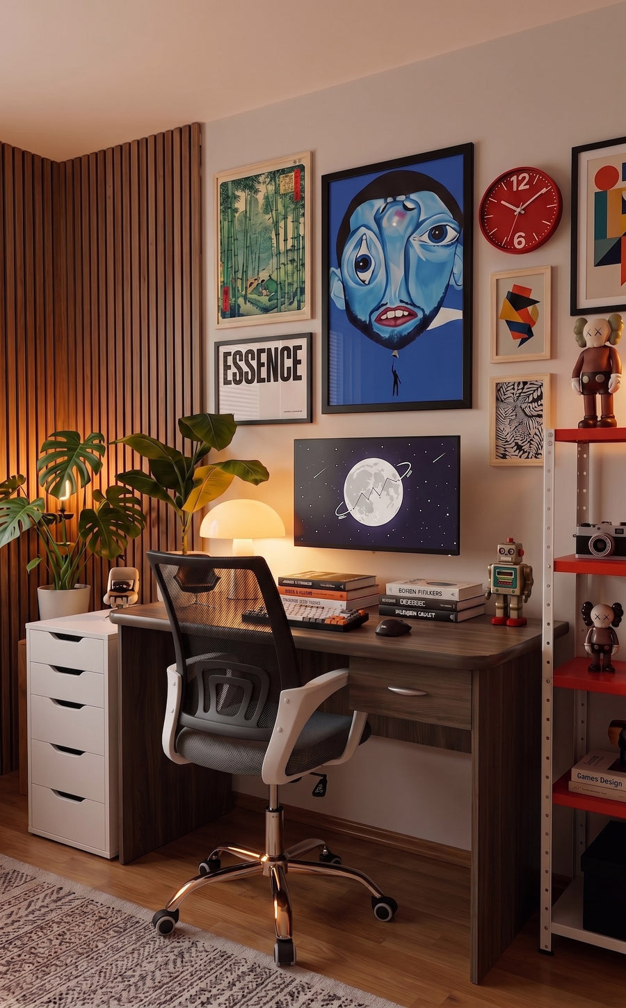 Escritorio de home office con silla de malla, pared de cuadros y estantería