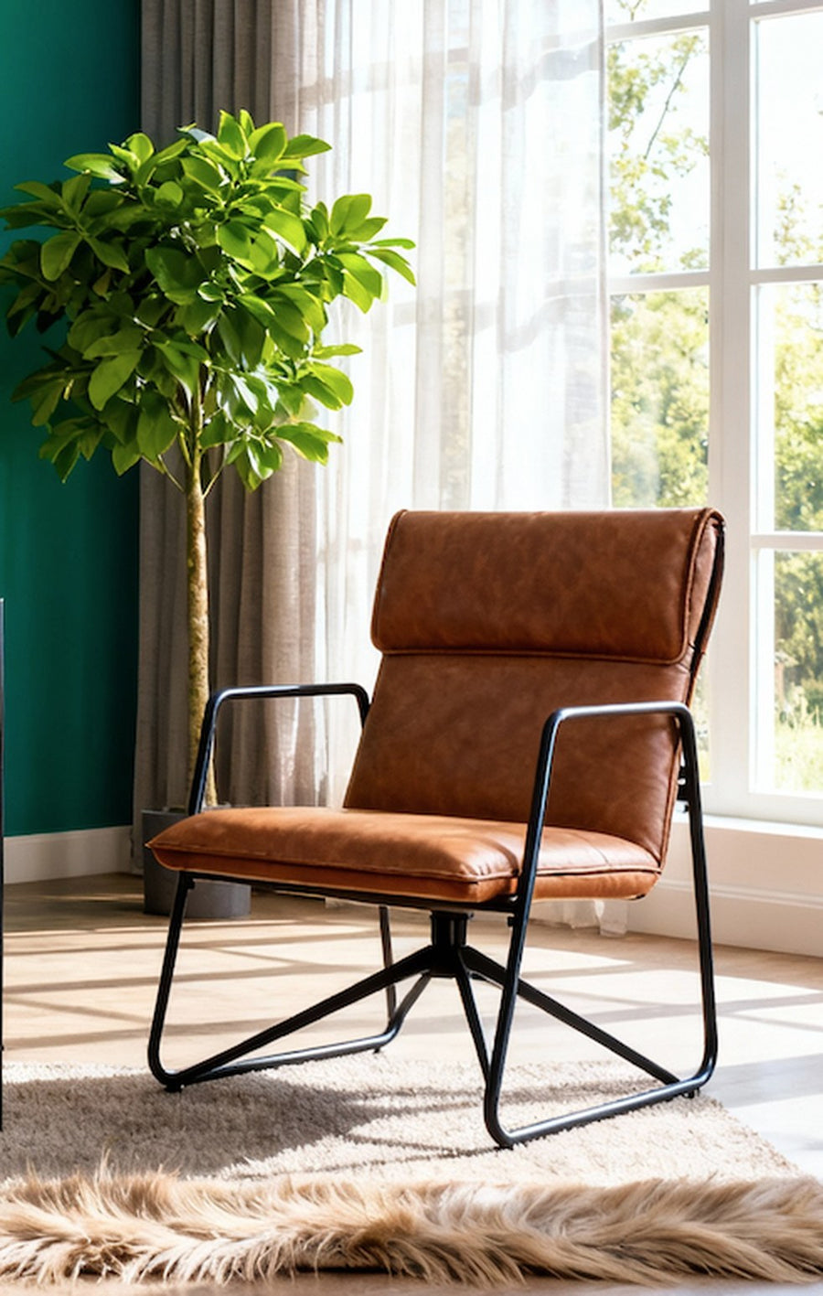 Sillón de piel café con estructura negra junto a una ventana con luz natural y una planta