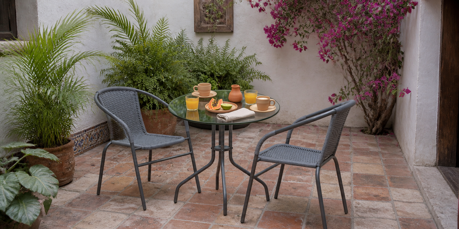 Set de jardín Beirut con el desayuno puesto en un patio interior mexicano